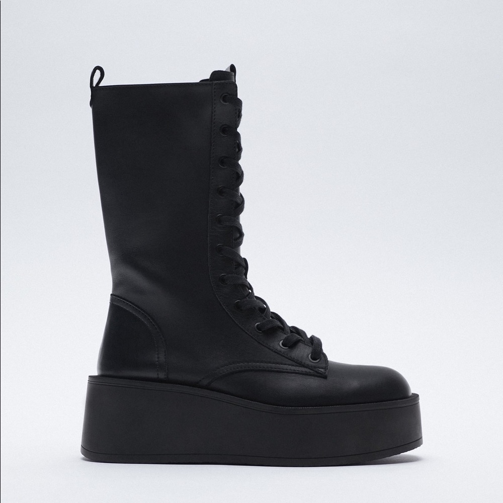 NWT Zara Flat Platform Leather Boots